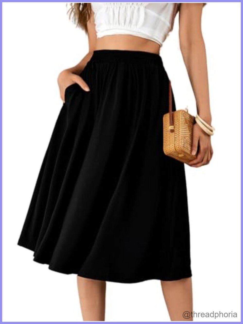 Women's Elastic Waist A-Line Midi Skirt with Pockets Flared Swing Skirt